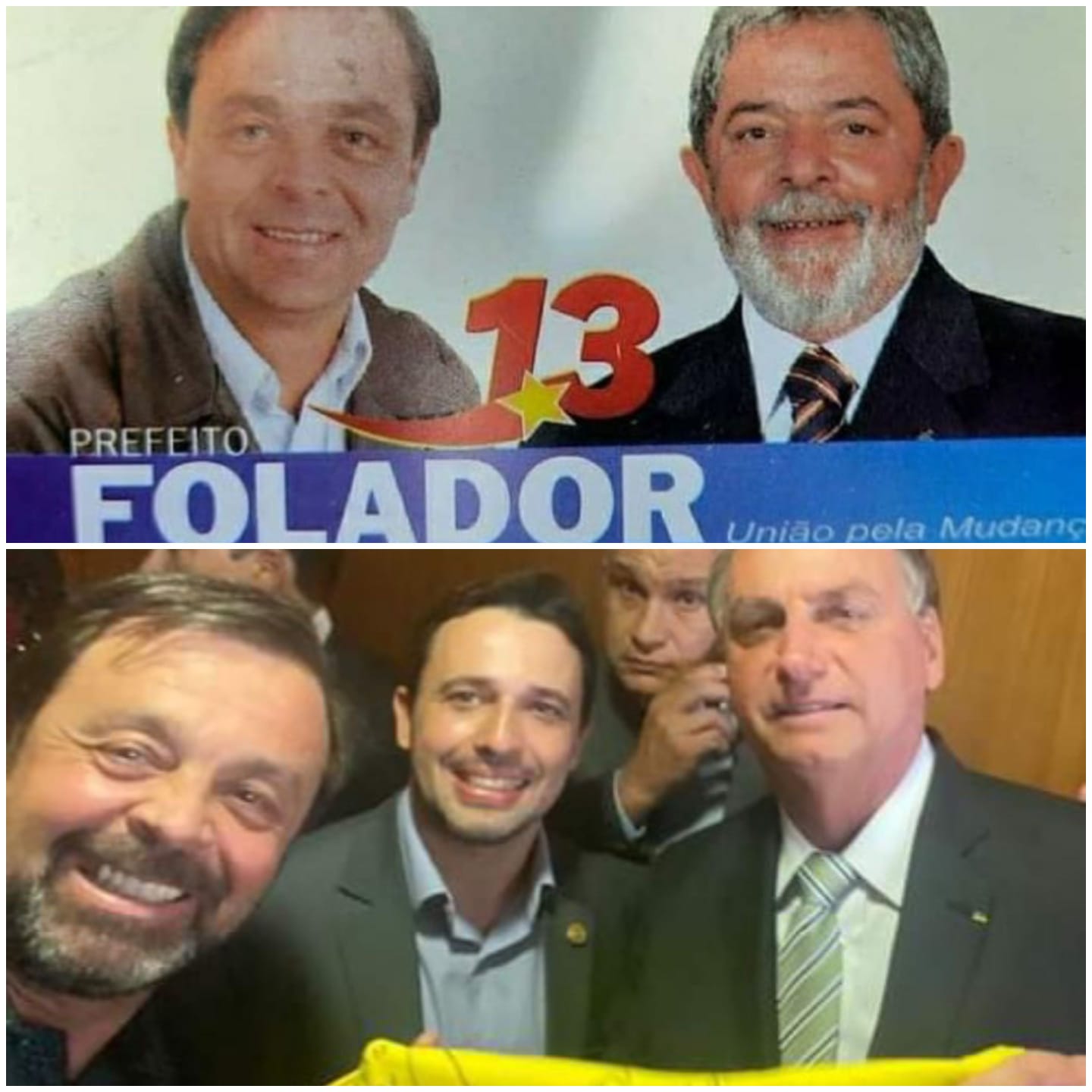 Foto abaixo: foi postado na quinta-feira (16/09), Folador, vice-prefeito Paulinho, engenheiro Marcelo Leal e Bolsonaro e a foto acima, quando nutria ufanismo pelos petistas / Foto: Reprodução/Facebook